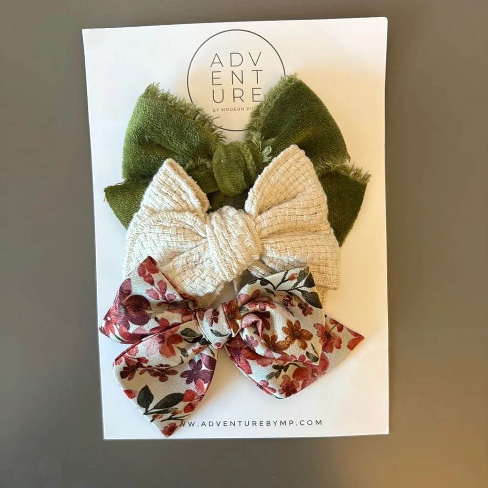 Modern Piggy Fall Bow Clip Set Floral Cream Green - NEW!